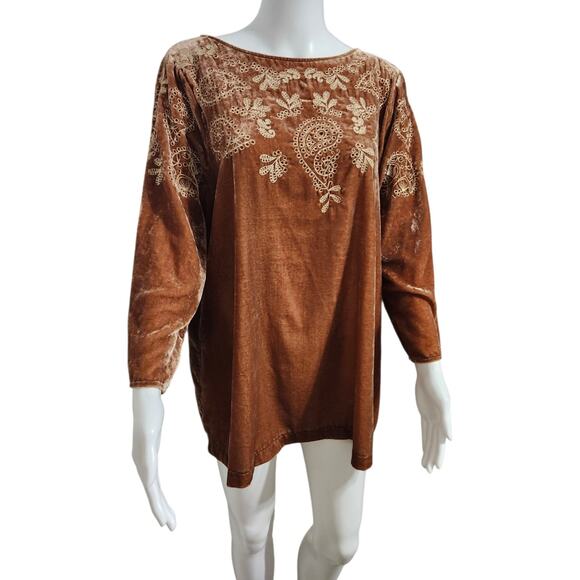 J. Jill Embroidered Velvet Top with Bell Sleeves Brown Bohemian Paisley Scroll L - Picture 4 of 10